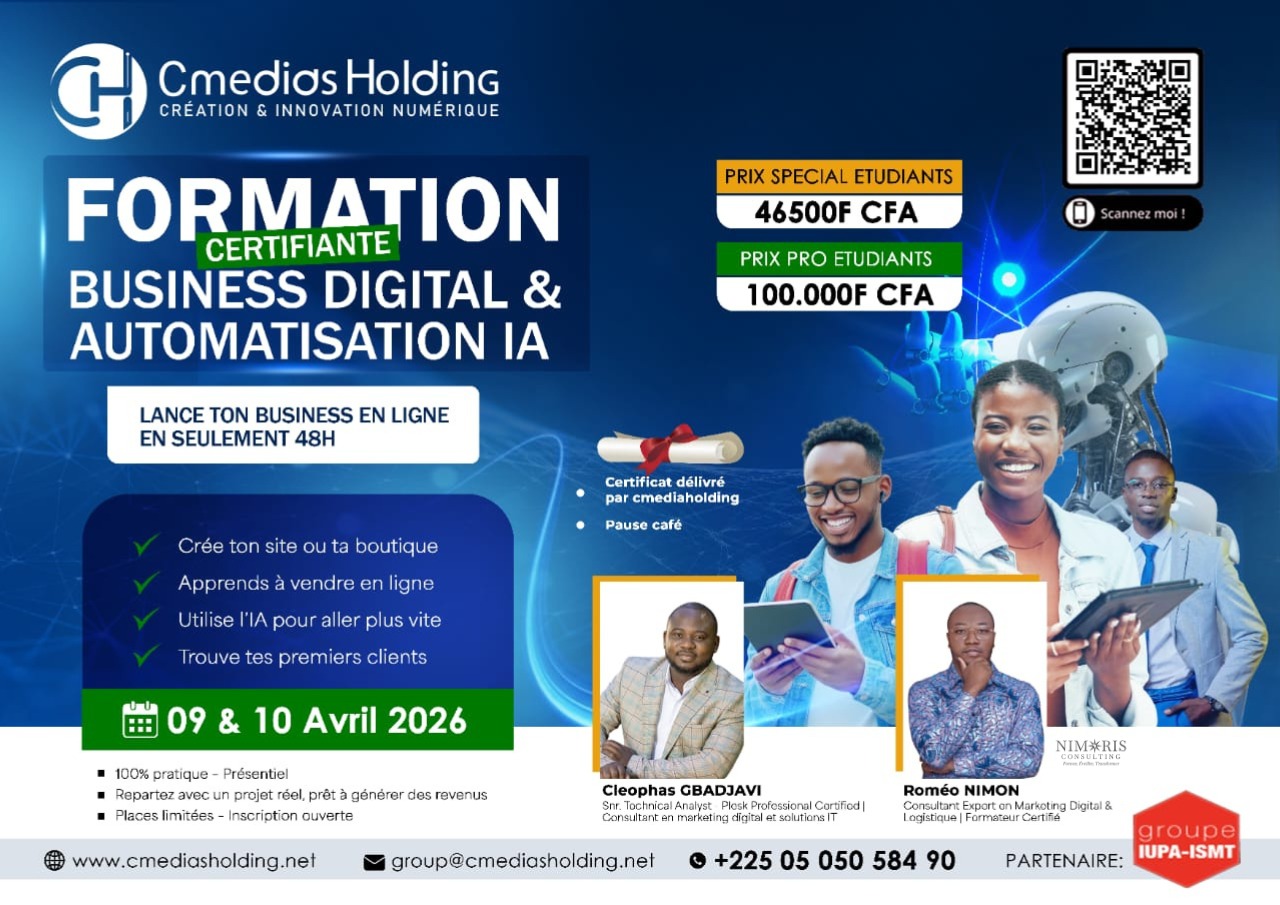 Formation certifiante en Business Digital & Automatisation IA à Abidjan : développez vos compétences en 2 jours